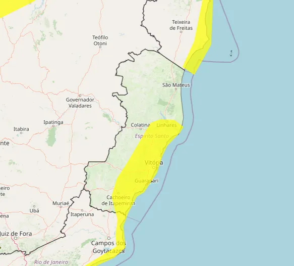 Inmet emite alerta de perigo potencial para acumulado de chuva. Colatina e algumas cidades vizinhas estão na lista
