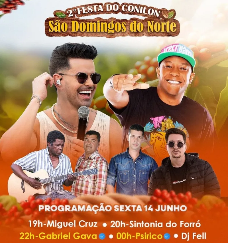 2ª festa do Café Conilon em São Domingos do Norte começa nesta sexta (14) com Gabriel Gava e Psirico
