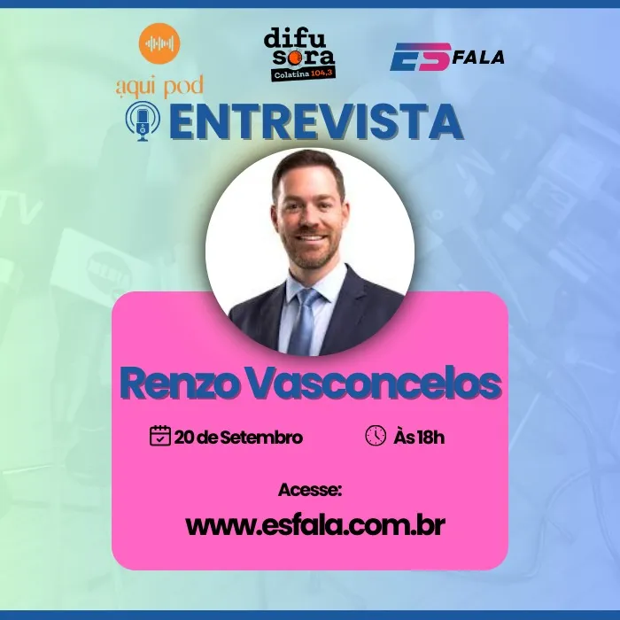 O candidato Renzo Vasconcelos é o entrevistado desta sexta-feira (20). Acompanhe pela Difusora FM e Portal ES FALA