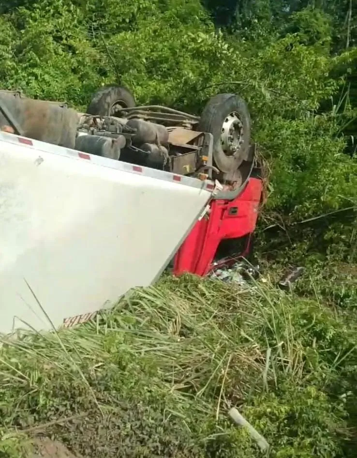 Vídeo: caminhão-baú tomba na ES-248 entre Colatina e Linhares; causas do acidente ainda são desconhecidas
