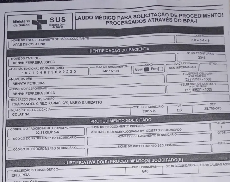 Criança colatinense com epilepsia aguarda exame há meses enquanto crise de saúde se agrava