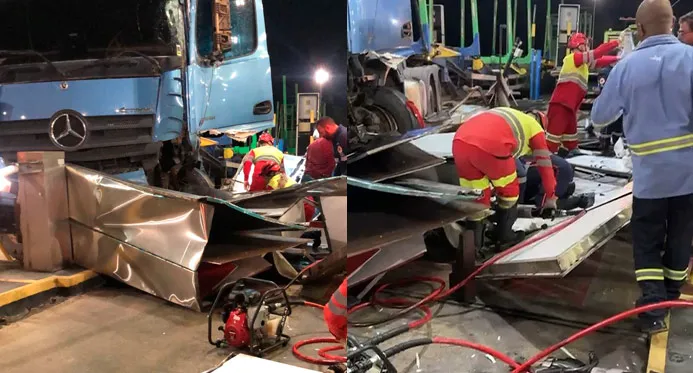 Carreta carregada de eucaliptos colide com praça de pedágio na BR-101 próximo a Linhares