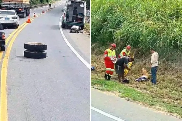 Roda de caminhão se solta e atinge motocicleta na BR-101 em Fundão; duas pessoas ficam feridas