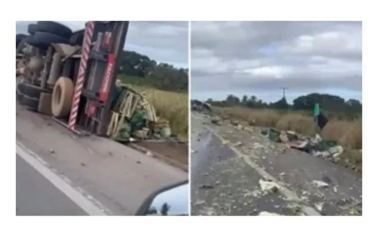 Caminhão tomba e carga de frutas e verduras se espalha pela BR-101 em Linhares