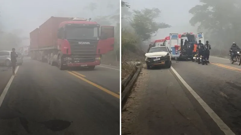 Acidente em cadeia com seis veículos deixa três feridos na ES-080 em Barra de São Francisco