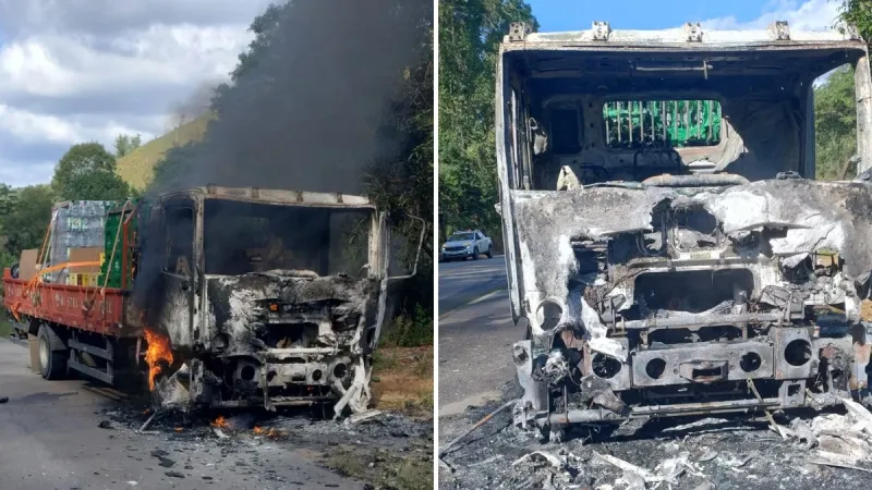 Caminhão carregado de cerveja pega fogo na ES-164, em Pancas