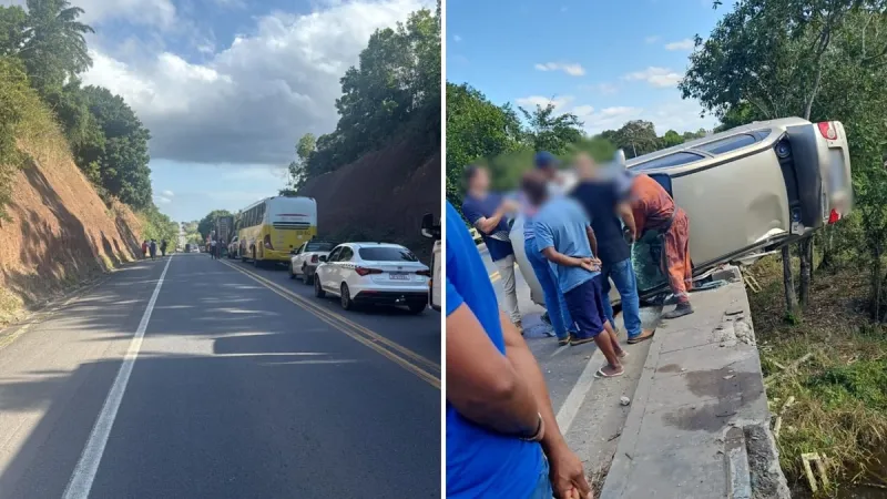 Carro capota sobre ponte na BR-101 em São Mateus e duas pessoas ficam feridas