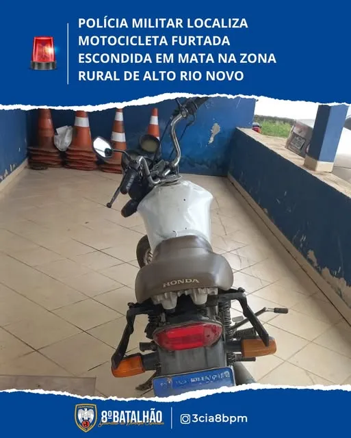 Moto furtada em Colatina é encontrada escondida em mata de Alto Rio Novo