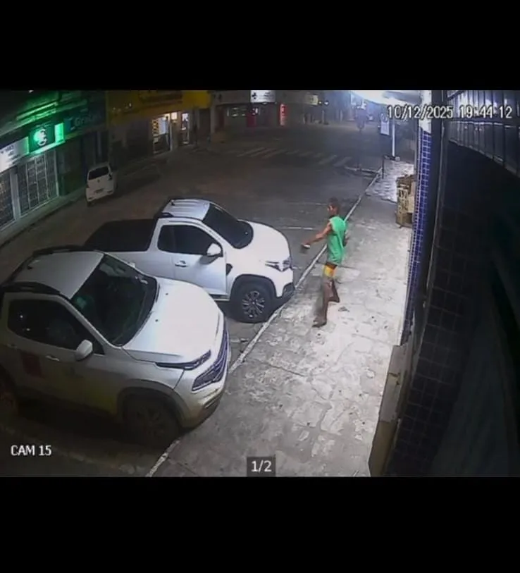 Câmera flagra homem arremessando pedra e danificando carro no Centro de Linhares
