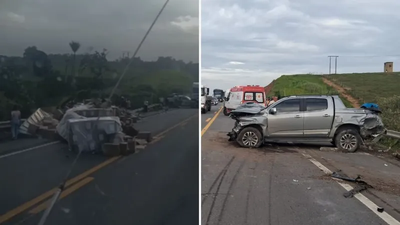 Colisão frontal entre caminhão e caminhonete deixa motorista preso às ferragens na BR-101, em Aracruz