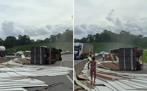 Tombamento de carreta interdita faixas da BR-101 em Ibiraçu