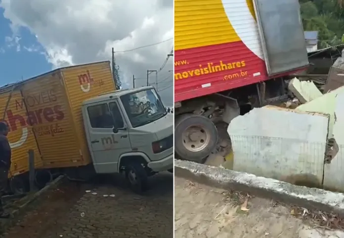 Caminhão perde freio, desce ladeira de ré e atinge casa em Rio Bananal