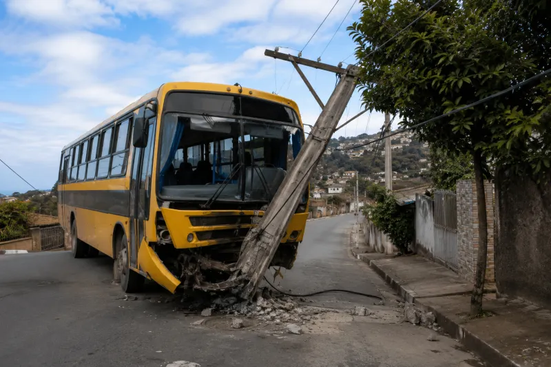 Ônibus escolar bate e derruba poste de energia no bairro Ayrton Senna, em Colatina