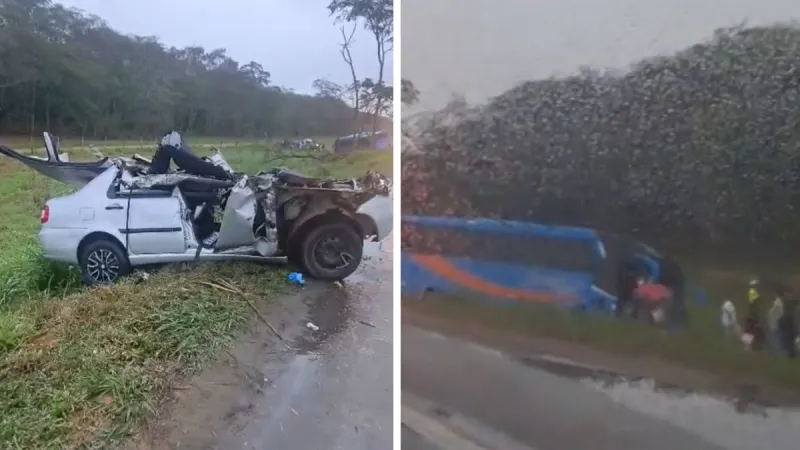Acidente entre carro e ônibus com destino ao Convento da Penha deixa sete feridos em Linhares