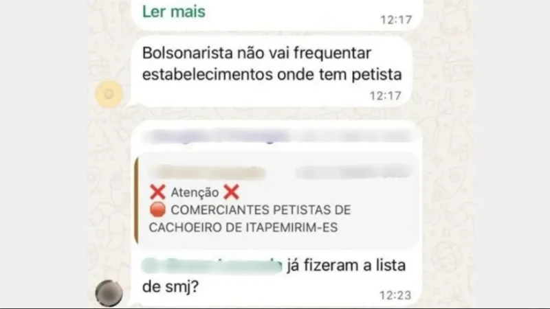 Listas de boicote a eleitores de Lula circulam em Colatina, Baixo Guandu e outras cidades do ES