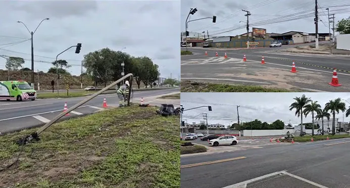 Caminhão derruba semáforo na BR-101 em Linhares e motoristas precisam fazer desvio de 2 quilômetros