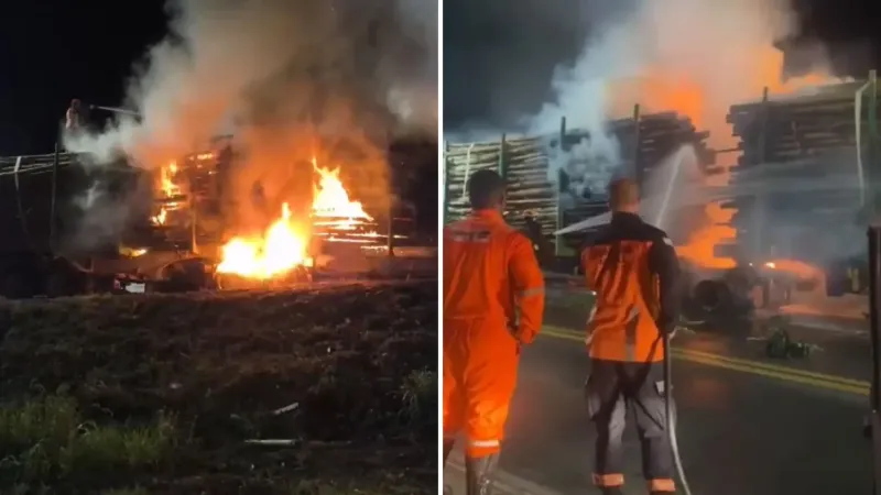 Carreta carregada de eucalipto pega fogo e provoca interdição total da BR-101 em Linhares