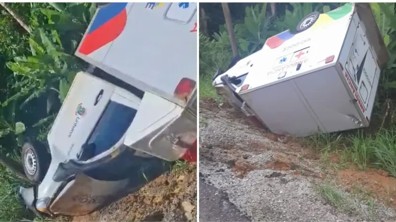 Ambulância sai da pista durante temporal em Linhares após motorista tentar desviar de animal na estrada