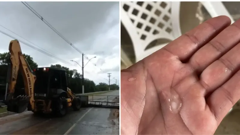 Temporal com granizo provoca alagamentos e derruba portal de entrada de Pontal do Ipiranga, em Linhares