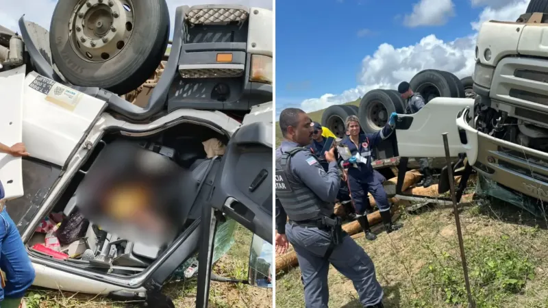 Motorista morre preso às ferragens após carreta tombar na ES-137, em Ponto Belo